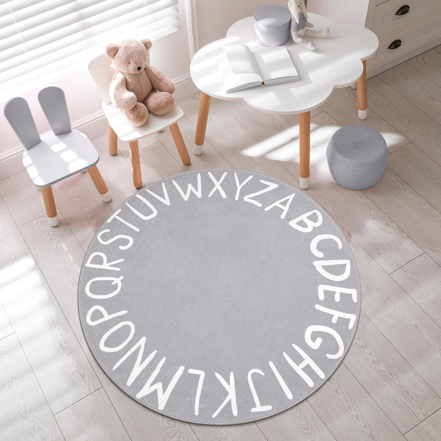 WINUAL Grey ABC Kids Rug For Playroom, Small Round Rug For Baby Nursery ...
