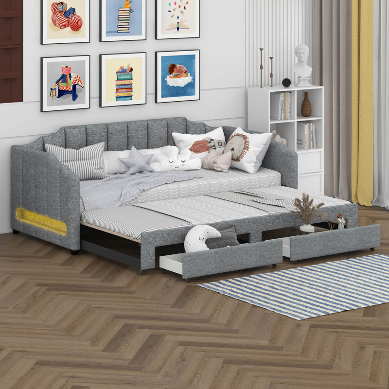 Twin XL To King Extendable Daybed With Storage Drawers & LED Lights, Upholstered Sofa Bed, Twin XL Upholstered Daybed, Gray