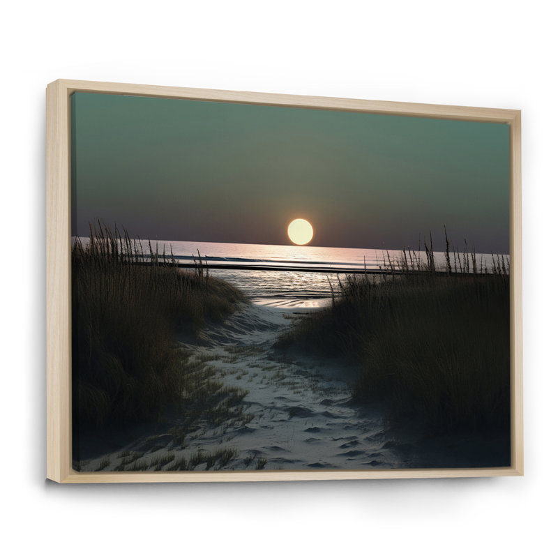 Pleine lune se levant à travers l'herbe de la plage I sur toile, H 12 po x l 20 po x P 1 po, Cadre flottant brun