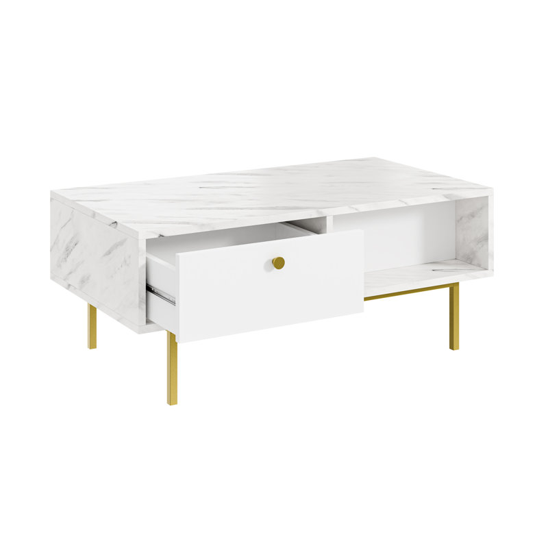 Coffee Table Ketan with Storage Space, White Marble Gloss