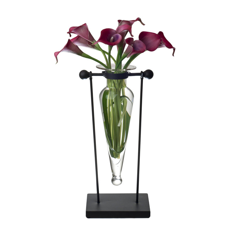 Vase de table Amphora sur support pivotant en fer avec fleurons et charnières, Transparent et noir