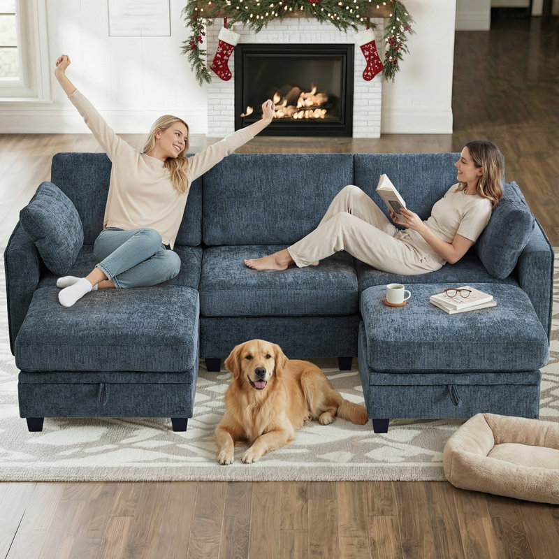 5 - Piece Chenille Modular Sectional Sofa Couch With Storage Ottomans, Blue