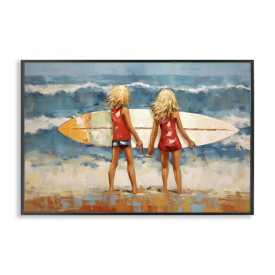 Frères et sœurs avec planche de surf, estampe numérique par Petal Prints Design