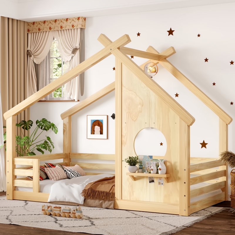 Kids Twin Solid Wood House Floor Bed With Window And Small Shelf, Lit simple, Naturel