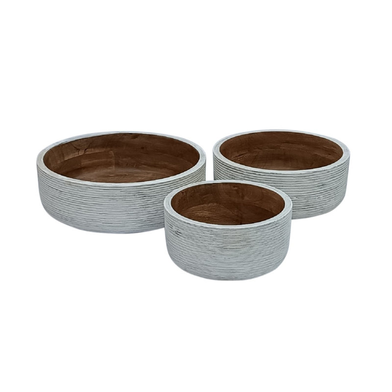 Ensemble de 3 bols ronds en bois avec nervures blanc et naturel 12 "