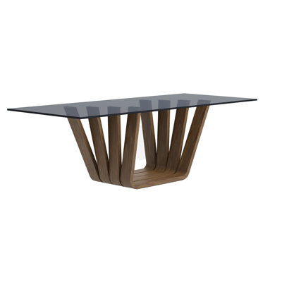 Cid Vang Dining Table, Walnut Brown Wood, 87 Inch Gray Glass Top