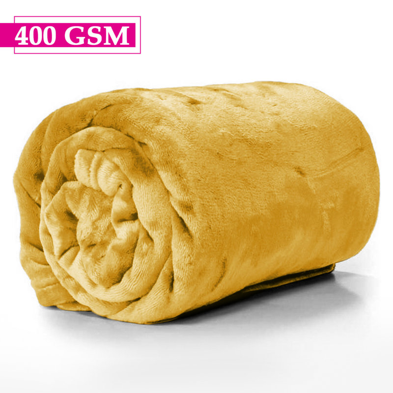 Reversible Mink Faux Plush Fur Fleece Blanket, Ochre, Queen