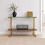 Console de style moderne du milieu du siècle avec plateau en verre trempé et rangement à deux niveaux