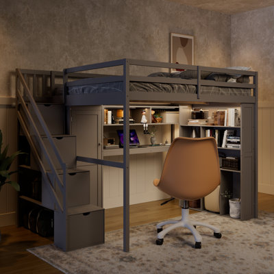 Full-Size Loft Bed with Built-In Wardrobe, Desk, Storage Shelves & LED Lights – Space-Saving Bedroom-GREY
