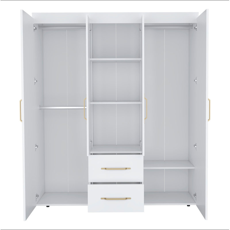 Armoire Bariloche, rangement multi-sections avec tringles de suspension, tablettes et 2 tiroirs