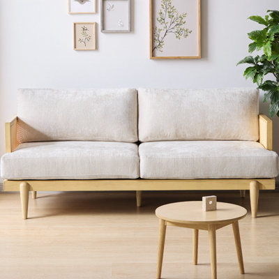 72" Square Arm 2-Seater Sofa with Natural Cane Rattan and Wooden Frame, Fabric Upholstery Loveseat with High-Rebound Sponge Cushions for Living Rooms, Bedrooms