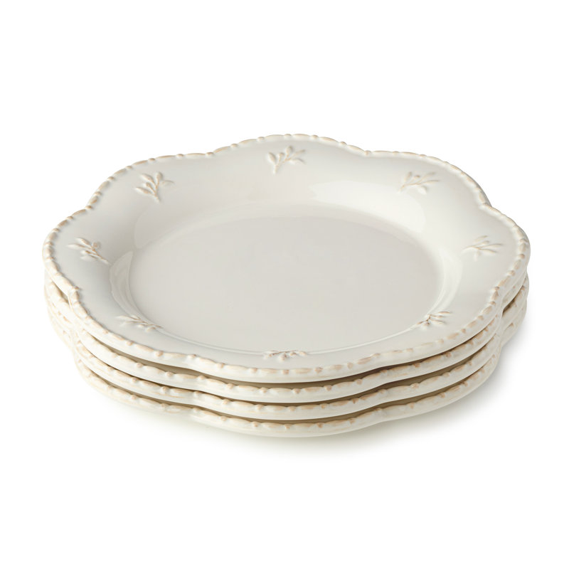 Assiettes à dîner en grès Heritage de 11 pouces - Assiettes élégantes à rebords festonnés avec perles en relief, ensemble de 4 - Assiettes blanc cassé intemporelles pour les dîners, les fêtes et l'utilisation quotidienne