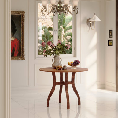 Table de salle à manger ronde en noyer de 100 cm (39,4 po) avec pied central traditionnel, incrustations florales naturelles, idéale pour les petits repas de famille. Plateau fini à la main, détails cannelés du piètement, parfait pour les réunions de famille.