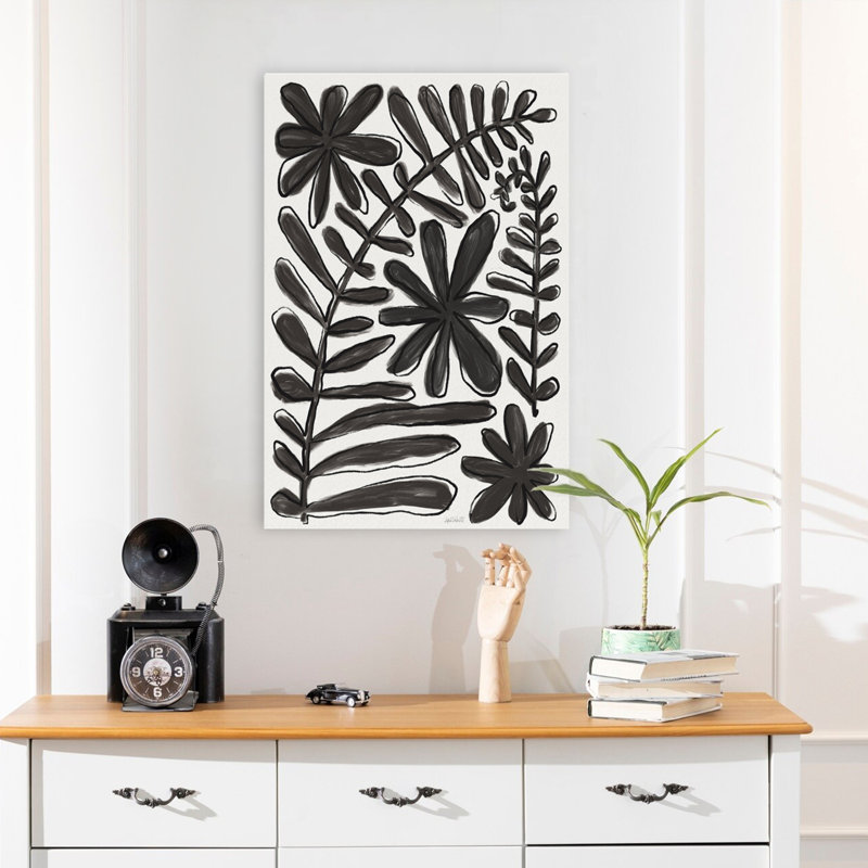 Fougère et lignes de fleurs noir moderne noir floral fougère crème moderne, H 24 po x l 16 po