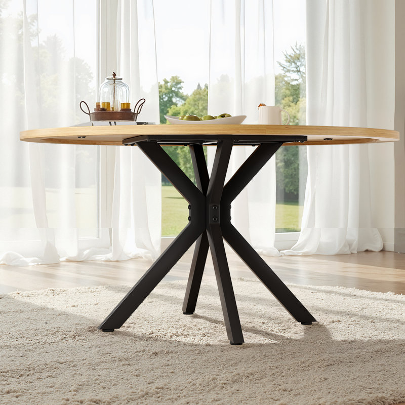 Ash Round Metal Base Dining Table, Natural