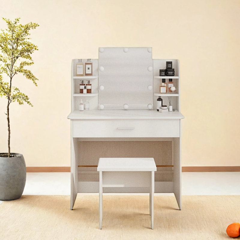 Vanity With Storage Drawers, Matching Stool With Mirror