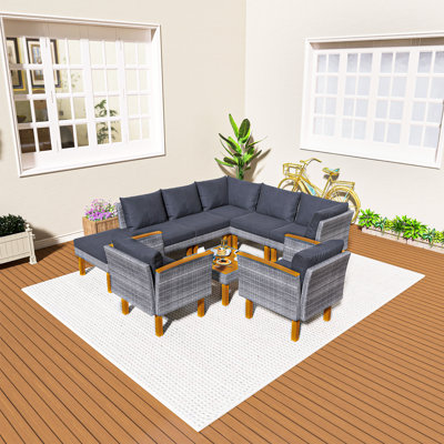 9-Piece PE Rattan Outdoor Conversation Set, Patio Furniture With Acacia Wood Legs And Tabletop, Including Sectional Sofa, Coffee Table And Washable Padded Cushions, Ideal For Backyard, Garden, Deck And Poolside, Gray