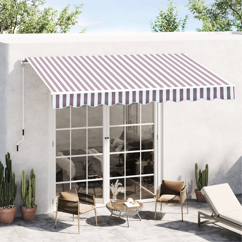 Auvent de patio 10 'x 8' - Pare-soleil rétractable avec manivelle manuelle, et tissu hydrofuge, structure en aluminium, rayures café pour terrasse, balcon, cour avec cadre à eau, abri à rayures