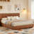Bed Frame With LED Lights, Modern Wooden Corrugated Curved Lines-1045801319