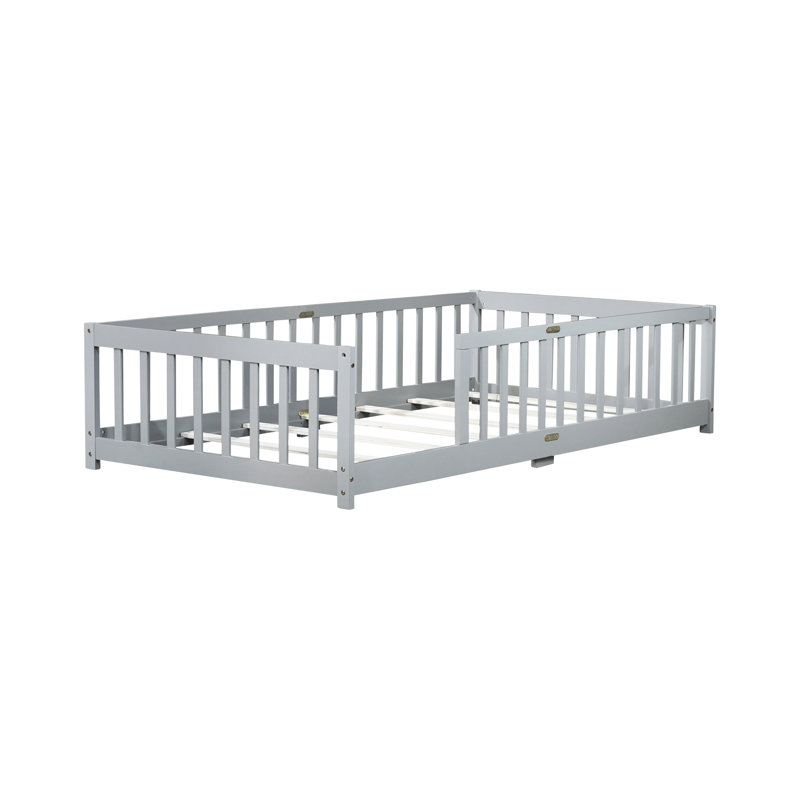 Grey Twin Floor Bed With Guardrails, Promotes Independence In Personal Space, 7 Strengthened Plywood Slats Fence, Multi - Functional Design For ' Sleep And Learning To Walk, Easy Installation