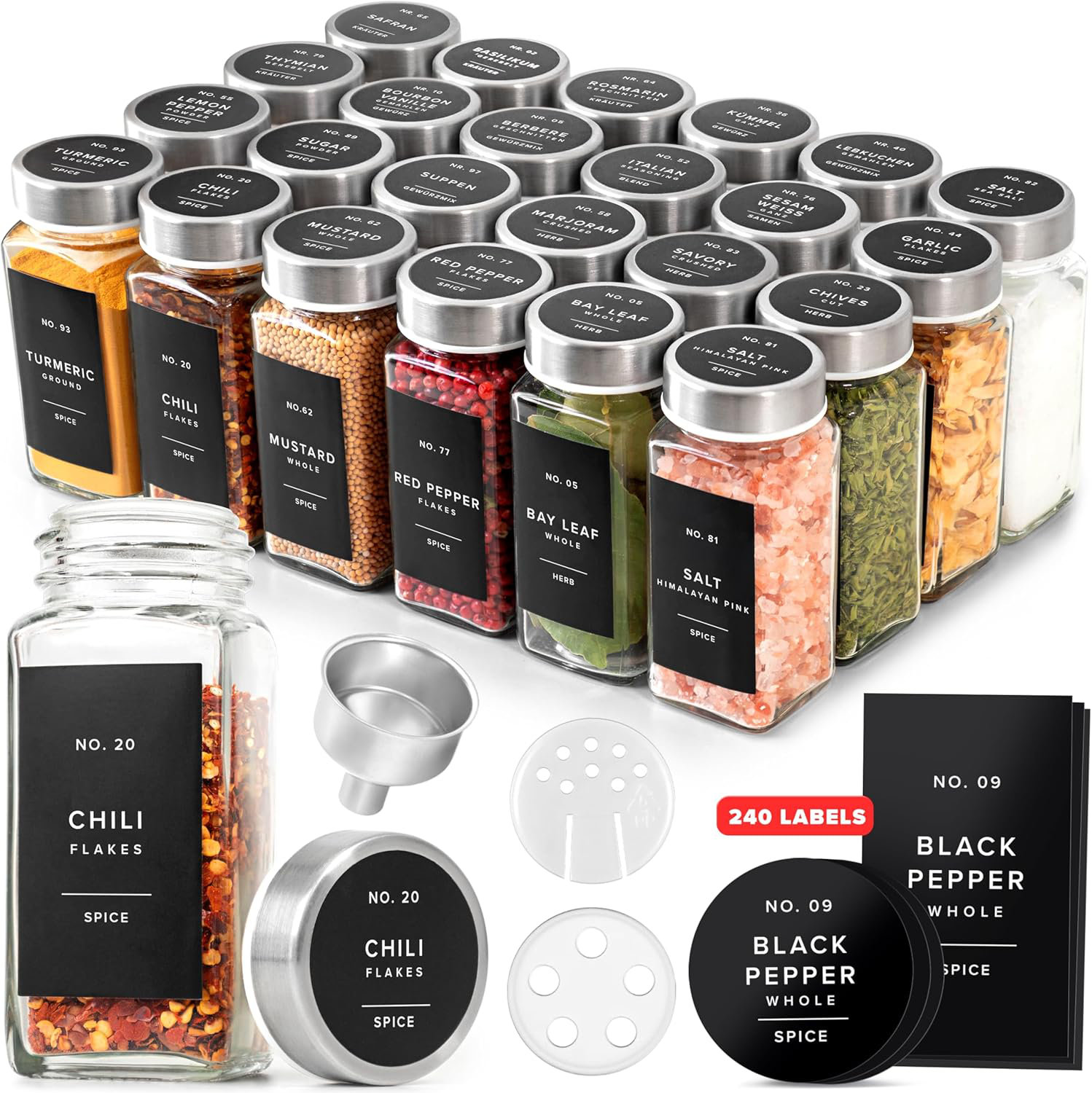 Mint Pantry Glass Spice Jars With Label And Stainless Steel Lids (24 X ...