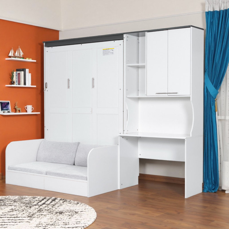 Foldable Multi-Functional Murphy Bed With Built-In Sofa, Wooden Wall Bed with Desk and Storage Cabinet, Full