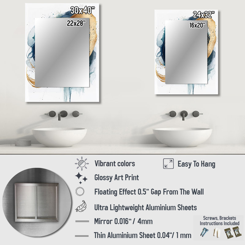 Abstract Gold And Blue Underwater Life II - Abstract Shapes Mirror, Modern Unique Wall Mirror, Printed Metal Art, 40" x 30"