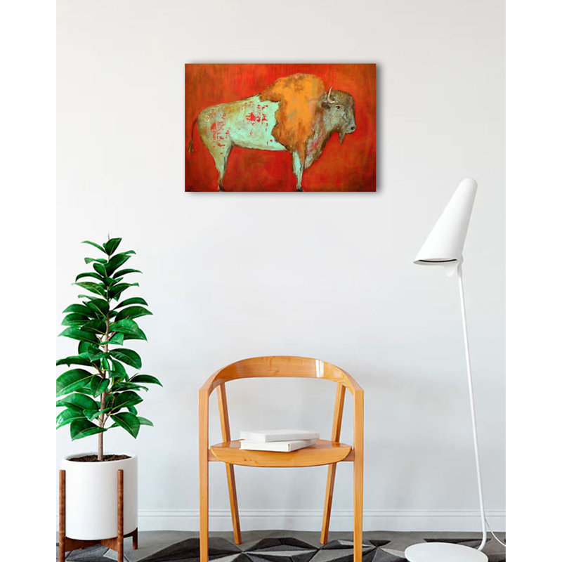 « red buffalo » par laura clara, reproduction d’art sur toile tendue, H 16 po x l 24 po x P 1,5 po