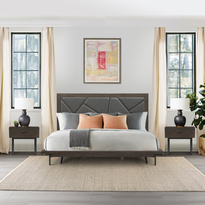 Clinchco 3 Pc King or Queen Size Platform Bed Frame Bedroom Set in Oak Wood, Faux Leather Headboard -  Millwood Pines, EA0163BD800C45058CD53E9A1F4469C8