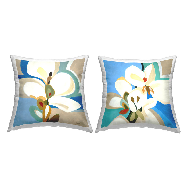 Coussin contemporain imprimé à motif de fleurs blanches par Liz Jardine (ensemble de 2)