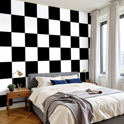 Peel and Stick Wallpaper Black white checkered seamless Endless flag texture Wall Murals 100"H x 144"W Removable PVC Wall Paper Self-Adhesive Wall Decor for Bedroom Living Room Home Office