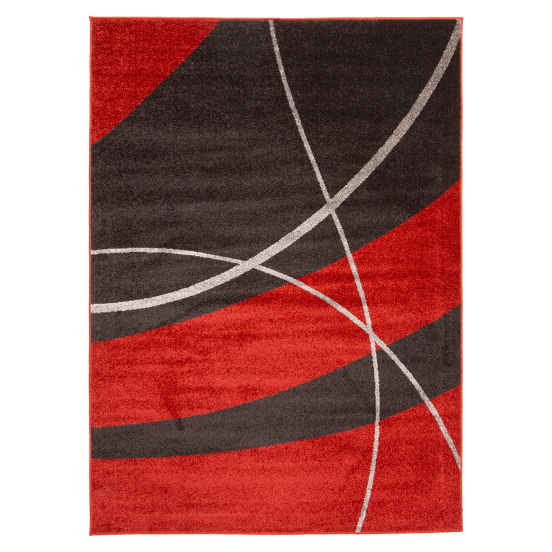 Tapis abstrait rouge / crème / brun foncé Saliha, Rectangle 7 pi 10 po x 10 pi 2 po