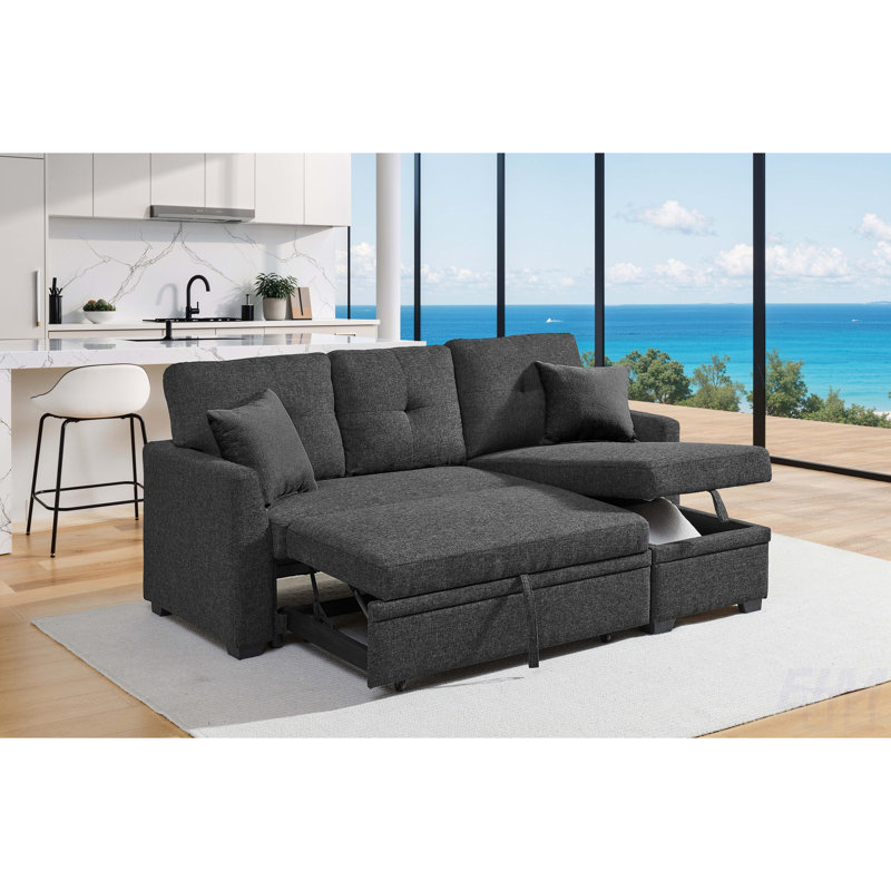 76.5" Linen Blend Upholstered Sectional With Pull-Out Bed And Chaise Storage, Dark Gray Linen Blend