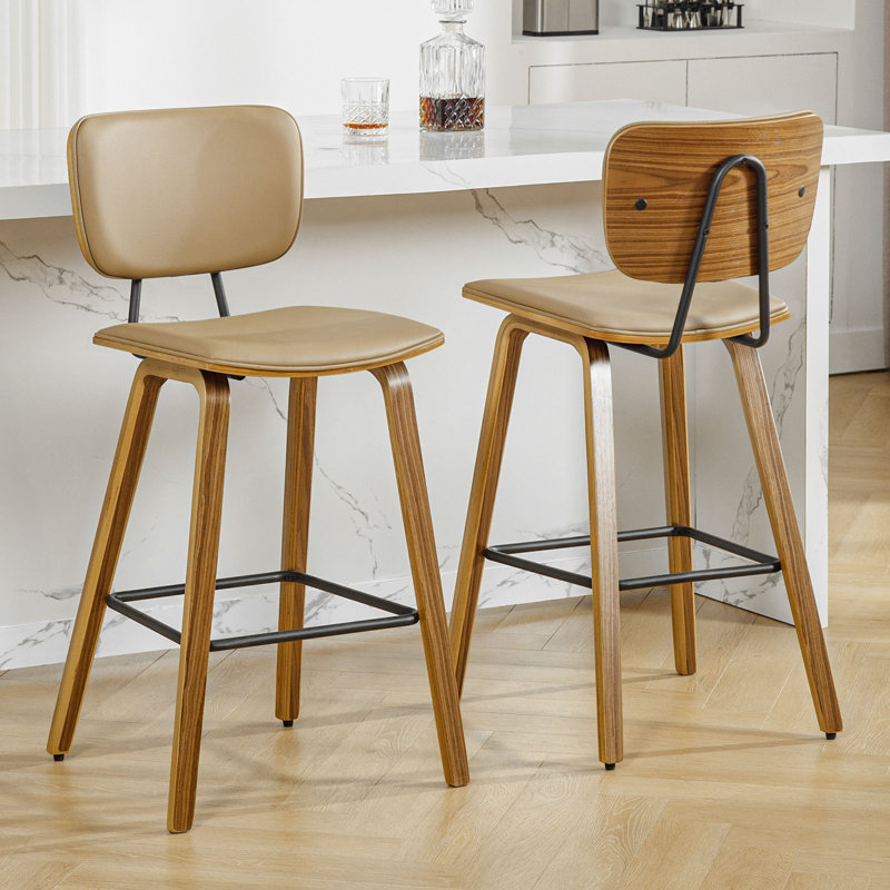 Brown PU Leather Upholstered Counter Stools with Wood Legs, Set of 3