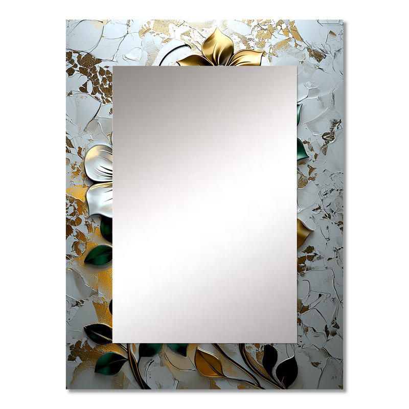 «Green and Gold Moroccan Floral Tiles IV» - miroir mural marocain, miroir décoratif traditionnel, impression d'art en métal