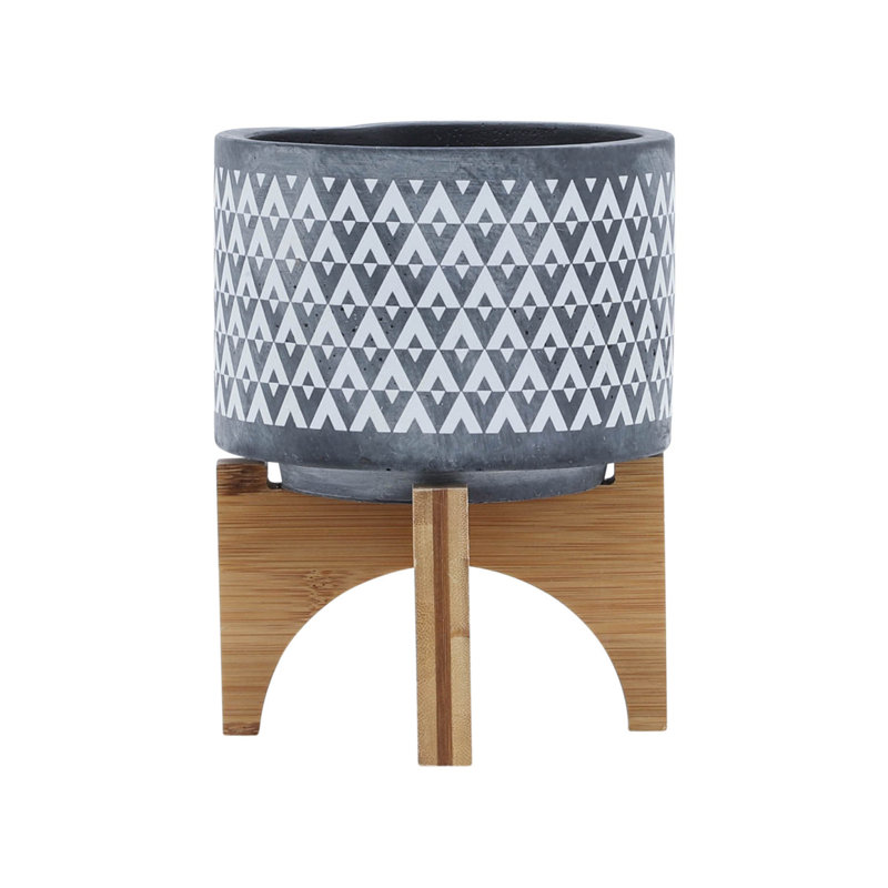 CERAMIC 5" AZTEC PLANTER ON WOODEN STAND, GRAY