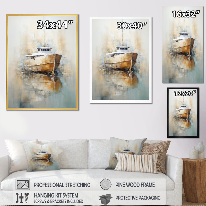 Minimalisme, bateau de pêche, horizon I, sur toile, H 32 po x l 24 po x P 1 po, Cadre simple argenté
