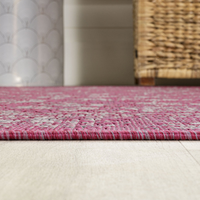 Delcine Bohemian Textured Weave Floral Fuchsia/Light Gray Indoor/Outdoor Rug, Square 5'3"
