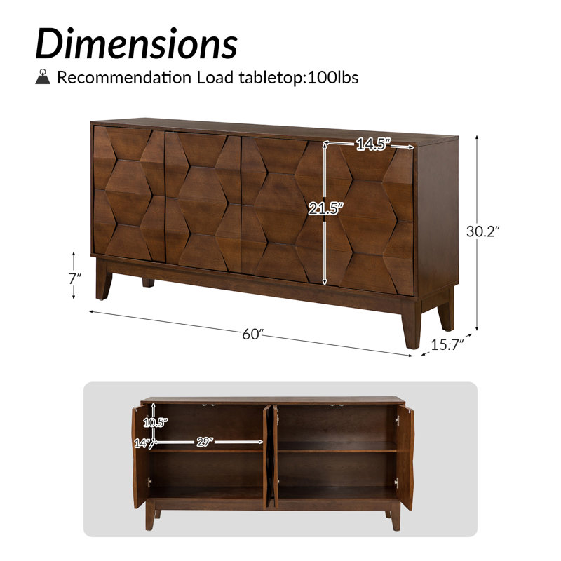 Sara 60" Wide Sideboard - Solid Wood Legs & Modern Design
