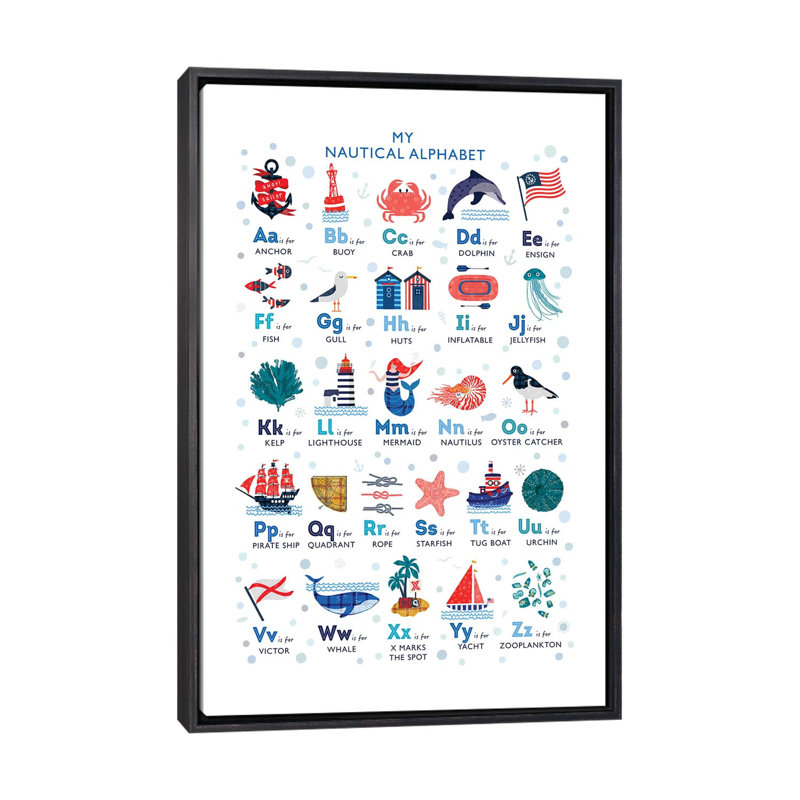 Nautical Alphabet - impression d'art graphique, Toile avec cadre noir patiné, H 26 po x l 18 po x 1,5 po, Pas de tapis
