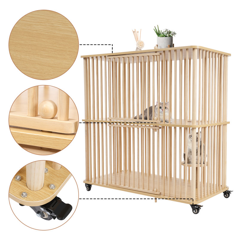 Large 2-Tier Wooden Cat House with Wheels, Natural