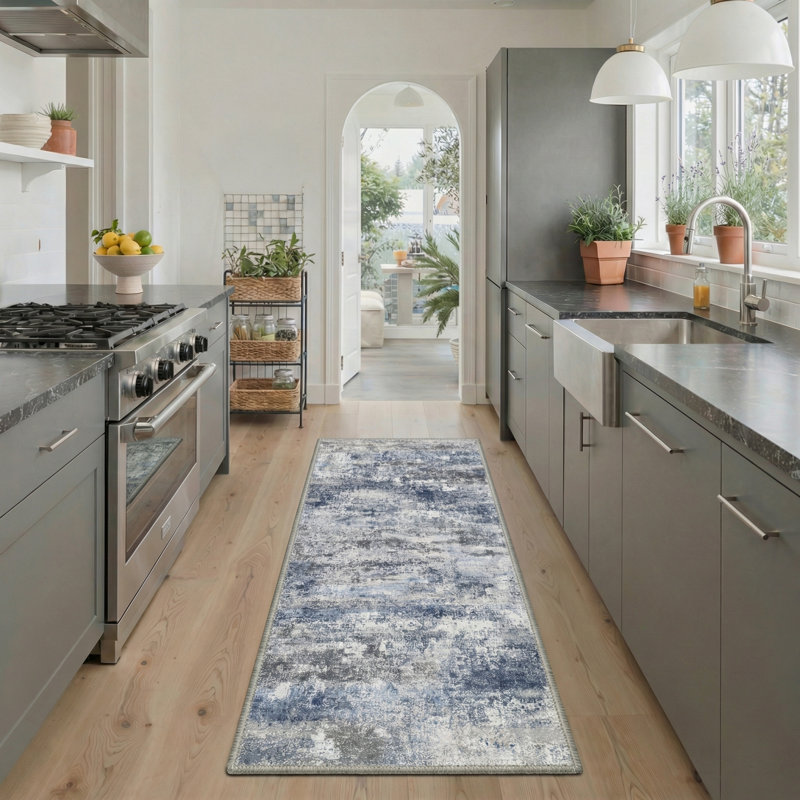 Comeau Aura Abstract Machine Washable White / Grey / Blue Indoor Area Rug with Non-Slip Backing, Runner 2' x 7'