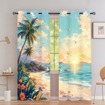 2PCS Grommet Top Tropical Beach Sunset Printed Curtain Drapes with Palm Tree Ocean Wave Seagull Art, Thermal Insulated Blackout Room Darkening Curtains with Privacy Protection, Indoor Window Panels for Bedroom Living Room Kitchen