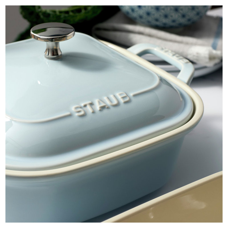 Staub Ceramic 4-Pc Baking Pans Set, Casserole Dish With Lid, Brownie Pan, Citron, Light Blue