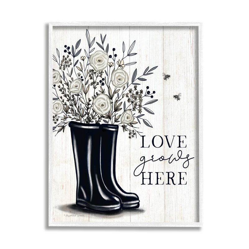 «Love Grows Here» blanc, H 16 po x l 16 po x P 1,5 po, Giclée encadrée blanc bord de mer