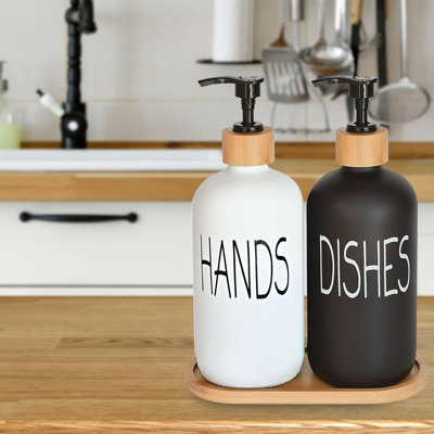 Glass Soap Dispenser Set With Bamboo Tray Matte Black/white