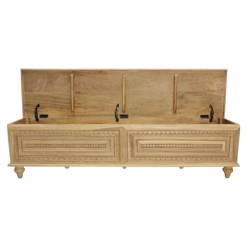Banc de rangement Noelle de 71 po en bois massif de teck blanc vieilli traditionnel