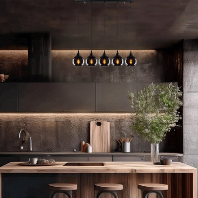 Luminaire suspendu pour îlot de cuisine à 5 lumières à hauteur réglable avec capuchon en verre