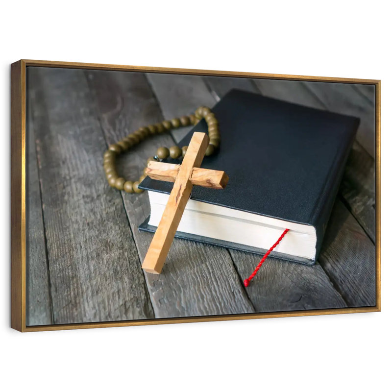 Croix en bois, Cadre flottant doré, 40 po x 27 po