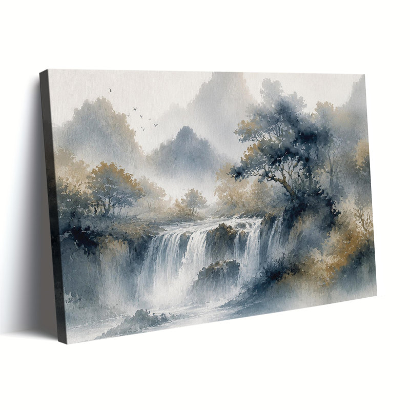 «Traditional Watercolor Misty Waterfall Mountain Trees Landscape», impression sur toile tendue, 12x18in